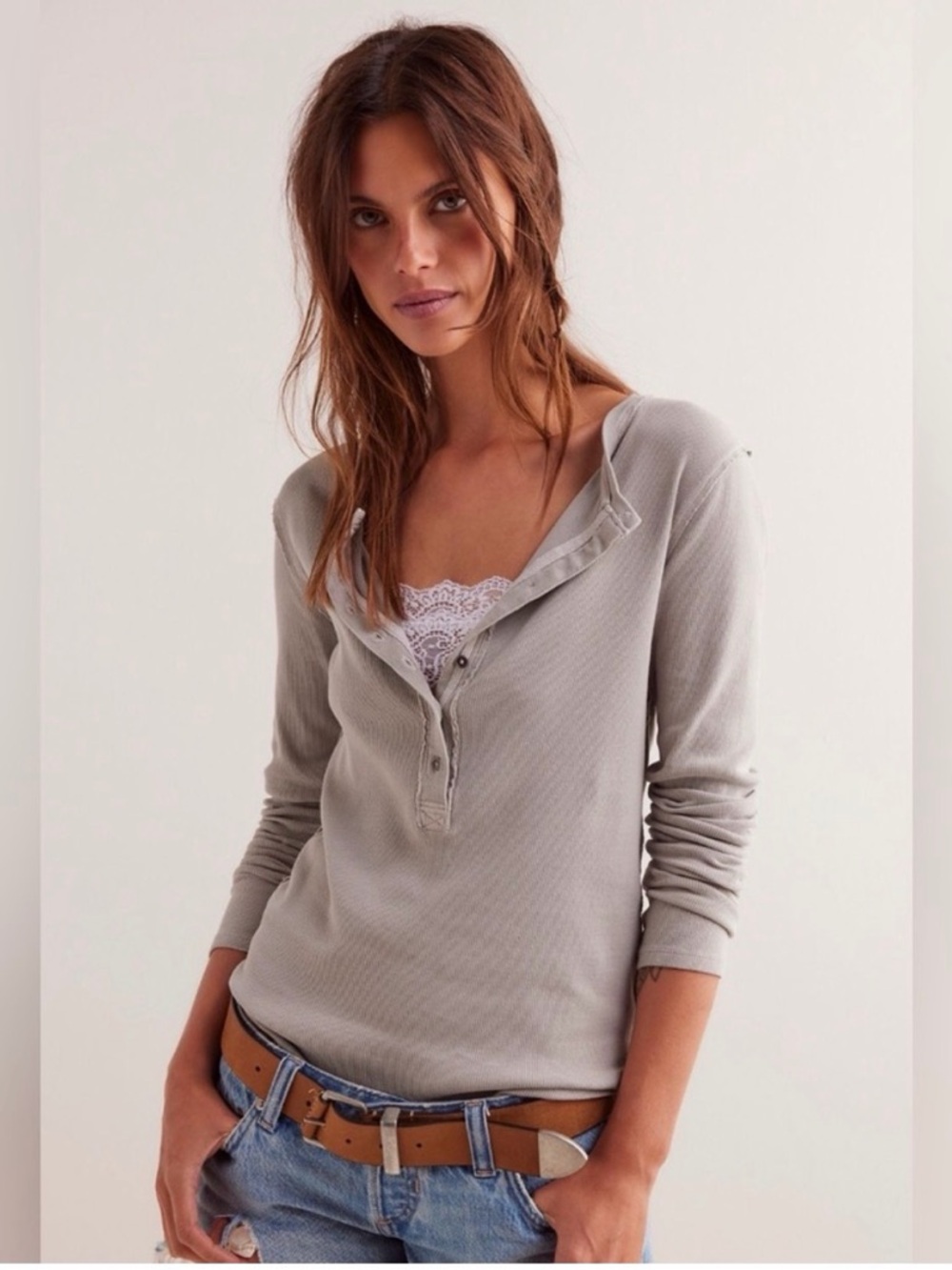 Free People Soft Gray Long Sleeve Henley